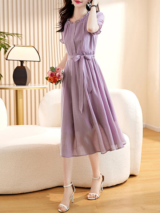 优雅透气，气质花边圆领天丝裙纯色中长款裙HR-WW23189 商品图0