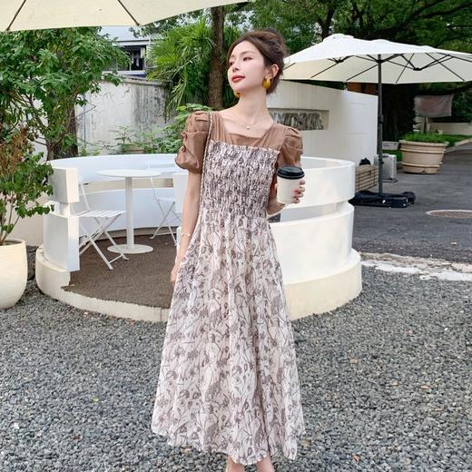 法式复古泡泡袖碎花连衣裙女夏季新款欧货撞色拼接长款高级感裙子 商品图3