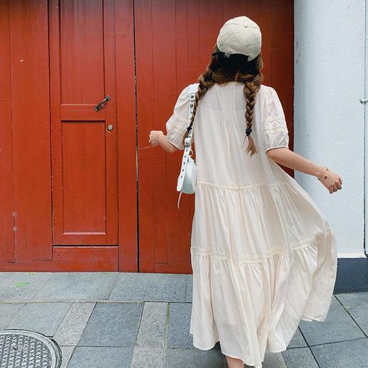 实拍花边小圆领蝴蝶结系带温柔风减龄氛围感杏色拼接大裙摆连衣裙 商品图3