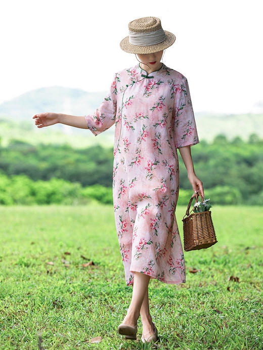 HM-S403夏季新款古典立领盘扣改良式旗袍宽松显瘦复古印花苎麻连衣裙 商品图0