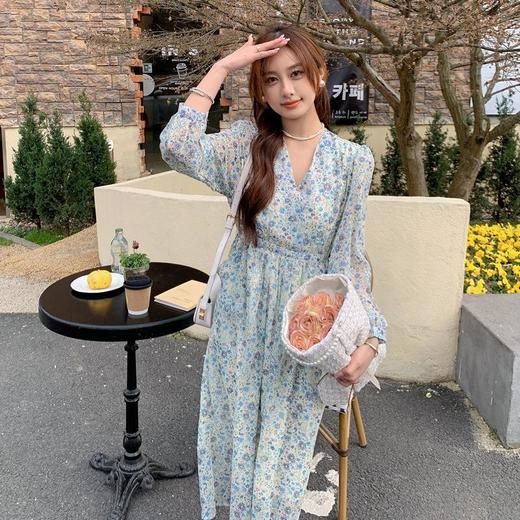 2023春季新款高级感长款碎花连衣裙收腰复古法式雪纺V领早春裙子 商品图1