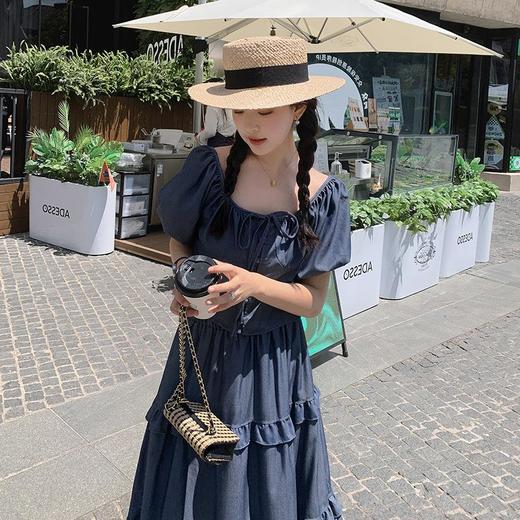 实拍两穿蝴蝶系带领口复古泡泡袖上衣深兰色木耳边拼接半裙套装女 商品图2