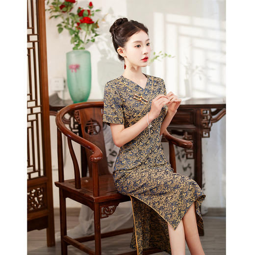 V领复古改良旗袍，日常可穿复古立领气质碎花裙SYG630 商品图1