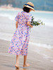 HM-S375夏季新款苎麻连衣裙文艺复古印花短袖桃领宽松系带A字裙 商品缩略图3