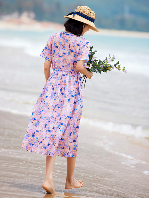 HM-S375夏季新款苎麻连衣裙文艺复古印花短袖桃领宽松系带A字裙 商品图3