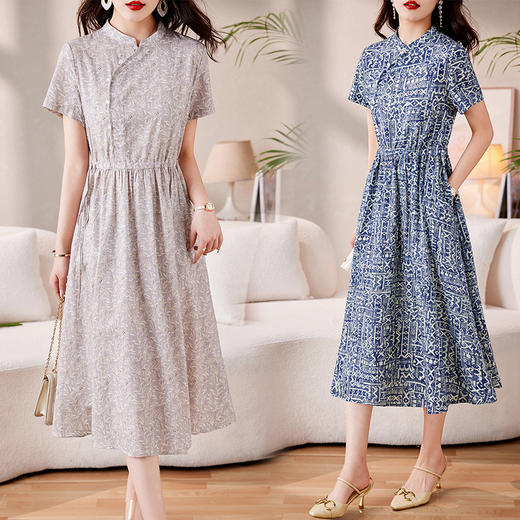 时髦洋气，印花复古减龄时尚连衣裙女新款夏季短袖中长款裙子HR-MEIQIN1716 商品图9