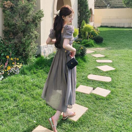 实拍抽褶泡泡袖方领显瘦温柔减龄收腰后背蝴蝶结系带中长款连衣裙 商品图1