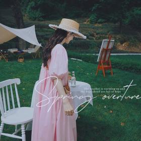 实拍主推2023夏日浪漫粉雾海木耳花边高腰泡泡袖大摆长款连衣裙子