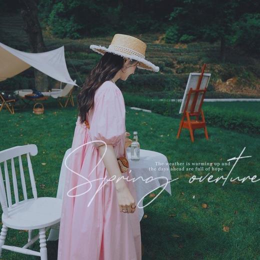 实拍主推2023夏日浪漫粉雾海木耳花边高腰泡泡袖大摆长款连衣裙子 商品图0