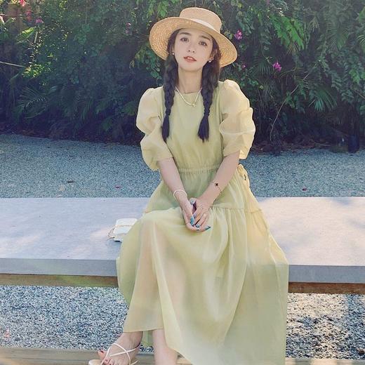 实拍新款清新夏季绿腰抽绳连衣裙女洋气时尚不挑人甜美潮搭长裙子 商品图0