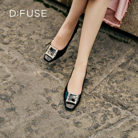 迪芙斯D:FUSE女鞋秋款单鞋女漆面牛皮方头复古钻扣粗跟单鞋DF33111019