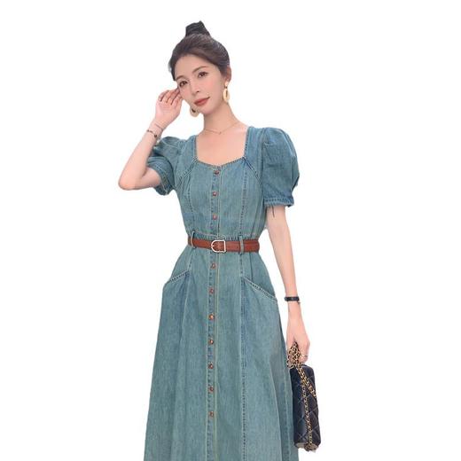 法式复古泡泡袖薄款牛仔连衣裙女夏季新款方领修身气质长款裙子 商品图4