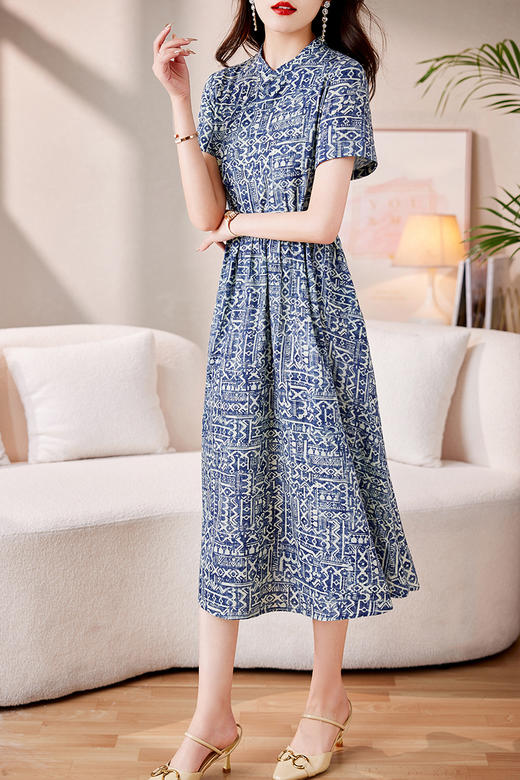 时髦洋气，印花复古减龄时尚连衣裙女新款夏季短袖中长款裙子HR-MEIQIN1716 商品图11