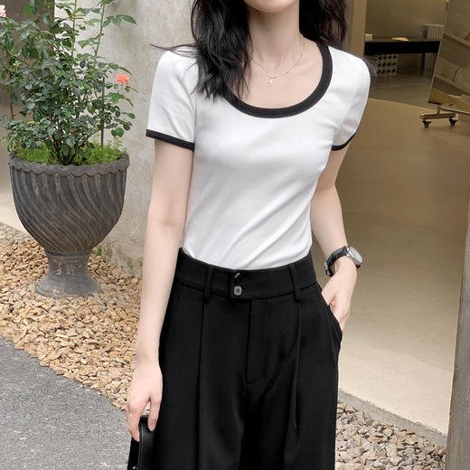 【高档正肩t恤】夏天气质短款 2023新款 时尚高腰撞色U领 百搭短袖上衣 修身亲肤简约大方 商品图2