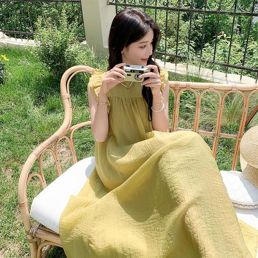 实拍荷叶边拼接飞飞袖小圆领显白肌理橄榄绿宽松长款轻复古连衣裙 商品图1