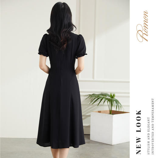 罗蒙夏季短袖连衣裙短袖方领休闲日常气质舒适复古开叉长裙女 商品图1