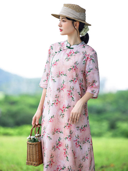 HM-S403夏季新款古典立领盘扣改良式旗袍宽松显瘦复古印花苎麻连衣裙 商品图1