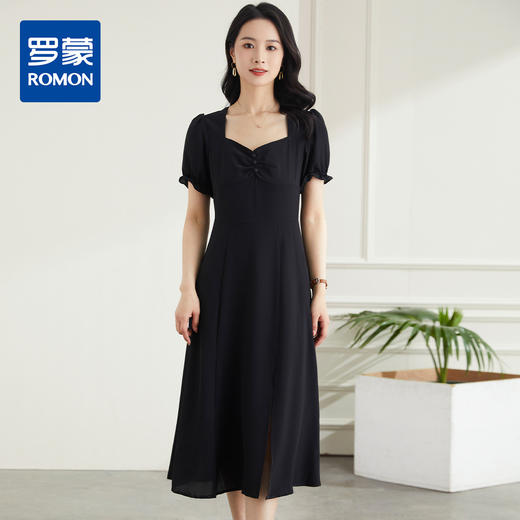 罗蒙夏季短袖连衣裙短袖方领休闲日常气质舒适复古开叉长裙女 商品图0