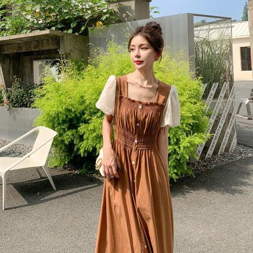 法式复古方领裙子2023夏季新款蕾丝泡泡袖松紧腰显瘦连衣裙女通勤 商品图0