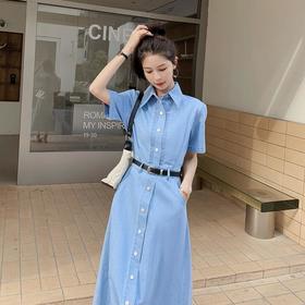 2023新款衬衫新中式短袖法式牛仔连衣裙子夏季女装a字裙长裙批发