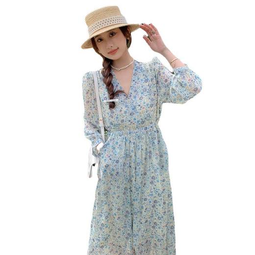 2023春季新款高级感长款碎花连衣裙收腰复古法式雪纺V领早春裙子 商品图4