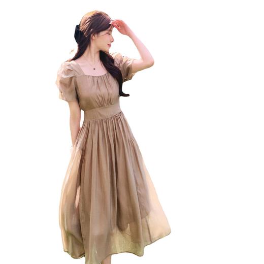 实拍抽褶泡泡袖方领显瘦温柔减龄收腰后背蝴蝶结系带中长款连衣裙 商品图4