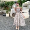 法式复古泡泡袖碎花连衣裙女夏季新款欧货撞色拼接长款高级感裙子 商品缩略图1