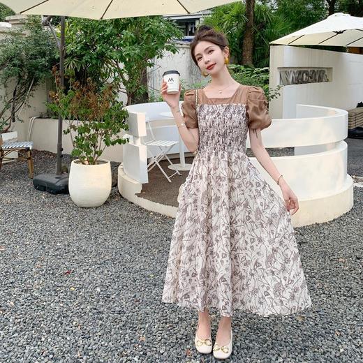 法式复古泡泡袖碎花连衣裙女夏季新款欧货撞色拼接长款高级感裙子 商品图1