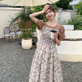 法式复古泡泡袖碎花连衣裙女夏季新款欧货撞色拼接长款高级感裙子