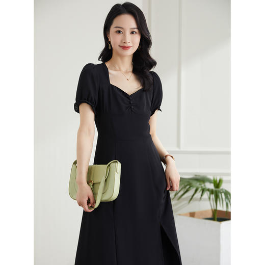 罗蒙夏季短袖连衣裙短袖方领休闲日常气质舒适复古开叉长裙女 商品图4