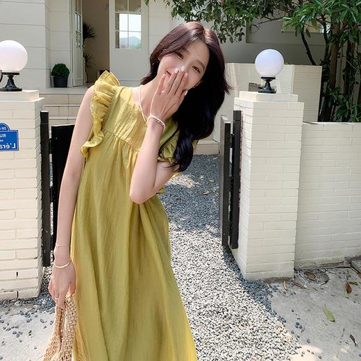 实拍荷叶边拼接飞飞袖小圆领显白肌理橄榄绿宽松长款轻复古连衣裙 商品图2