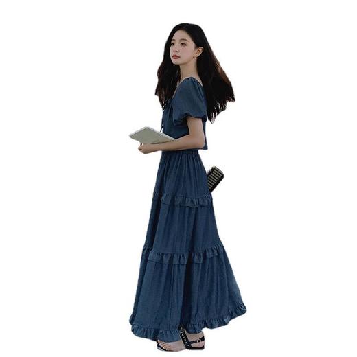 实拍两穿蝴蝶系带领口复古泡泡袖上衣深兰色木耳边拼接半裙套装女 商品图4