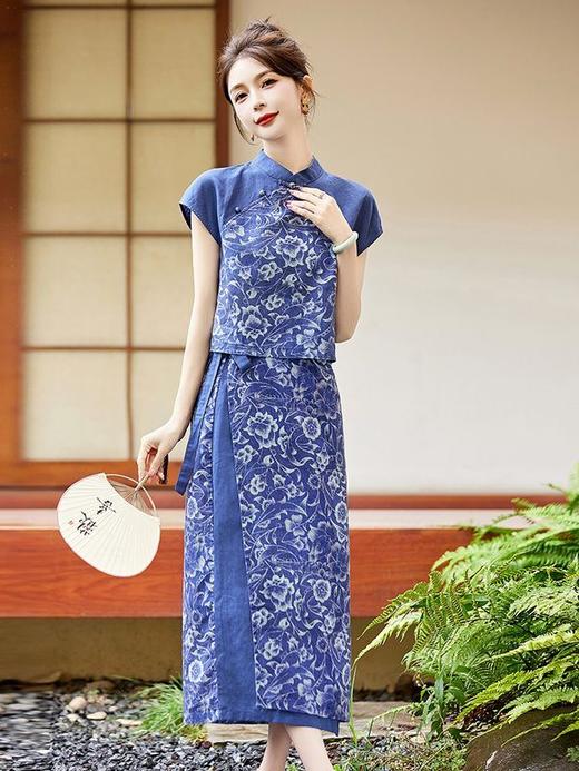YRX888966 国风盘扣短袖印花上衣套装女2023夏季新款设计感减龄半身裙两件套 商品图5