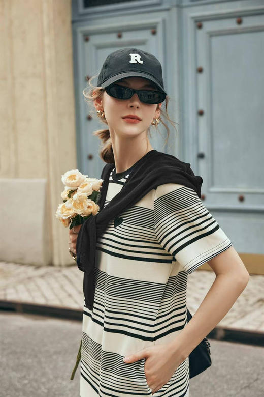 OLrain欧芮儿法式条纹连衣裙女夏季2023新款宽松撞色开叉T恤裙子 商品图8