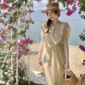 设计感木耳边连衣裙夏季女2023女装新款收腰A字法式茶歇仙女裙子