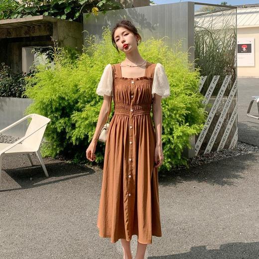 法式复古方领裙子2023夏季新款蕾丝泡泡袖松紧腰显瘦连衣裙女通勤 商品图1