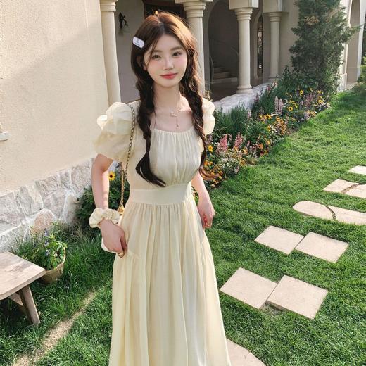 实拍抽褶泡泡袖方领显瘦温柔减龄收腰后背蝴蝶结系带中长款连衣裙 商品图2