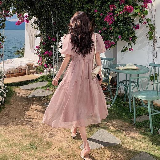 实拍温柔浪漫泡泡袖小众高级感高腰显瘦chic氛围感纯色中长连衣裙 商品图3