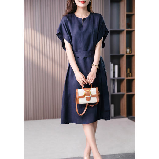 YX【定制17天】FSW气质收腰亚麻连衣裙女2023夏季新款设计感小众蝙蝠袖中长裙 商品图1