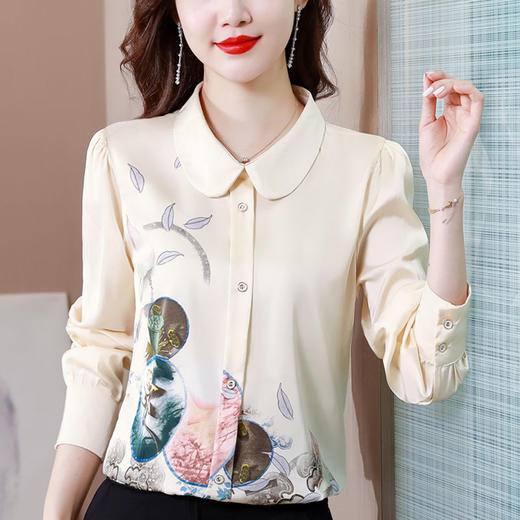 DD-真丝衬衫女长袖2023春秋款洋气娃娃领遮肚桑蚕丝上衣套头小衫 商品图0