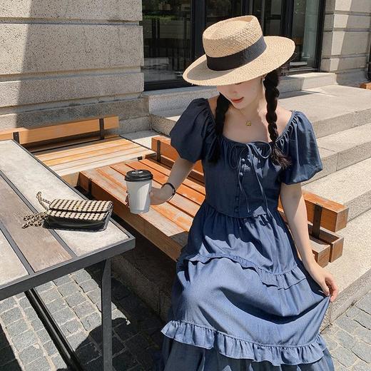 实拍两穿蝴蝶系带领口复古泡泡袖上衣深兰色木耳边拼接半裙套装女 商品图3