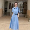 2023新款衬衫新中式短袖法式牛仔连衣裙子夏季女装a字裙长裙批发 商品缩略图1