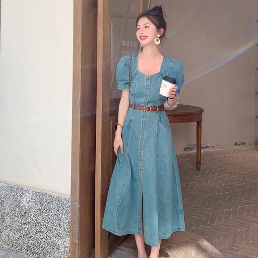 法式复古泡泡袖薄款牛仔连衣裙女夏季新款方领修身气质长款裙子 商品图0
