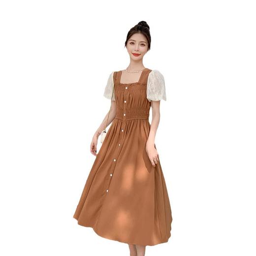 法式复古方领裙子2023夏季新款蕾丝泡泡袖松紧腰显瘦连衣裙女通勤 商品图4