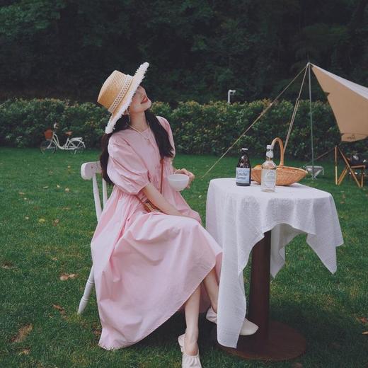 实拍主推2023夏日浪漫粉雾海木耳花边高腰泡泡袖大摆长款连衣裙子 商品图1