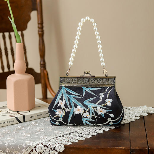 竹外桃花黑黑色绣花珍珠手提包，古风旗袍宴会手提包QB-竹外桃花黑 商品图1
