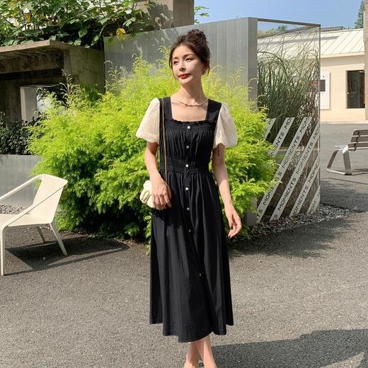 法式复古方领裙子2023夏季新款蕾丝泡泡袖松紧腰显瘦连衣裙女通勤 商品图3