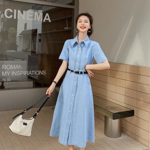2023新款衬衫新中式短袖法式牛仔连衣裙子夏季女装a字裙长裙批发 商品图2
