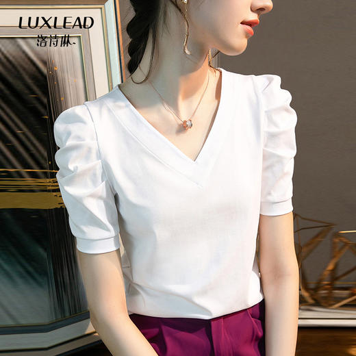 全新升级【铂金会员82/天猫129/差价47】(85239) 洛诗琳新款夏季高端短款短袖V领修身小个子泡泡袖t恤女针织上衣 商品图2
