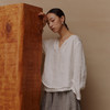 绽放522朵【黑白灰系列·普通美】酵素洗汉麻V领显瘦防晒亚麻衬衫 商品缩略图0